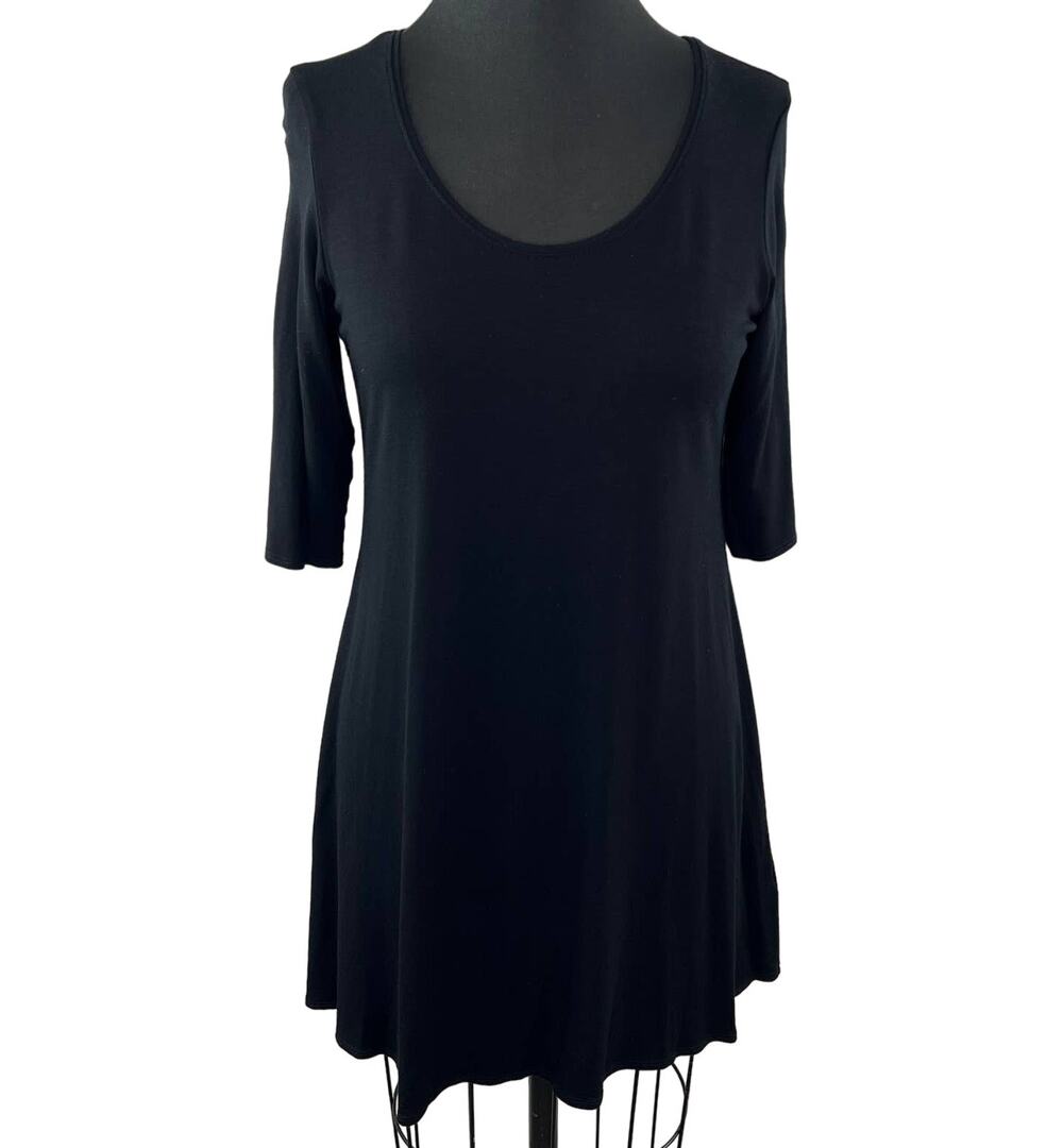 Eileen Fisher Black Stretch Viscose Jersey Scoop Neck 3/4 Sleeve Tunic Top S